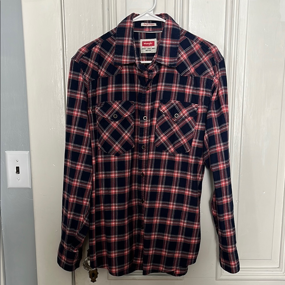 Wrangler Men's Red and Blue Plaid Shirt - L